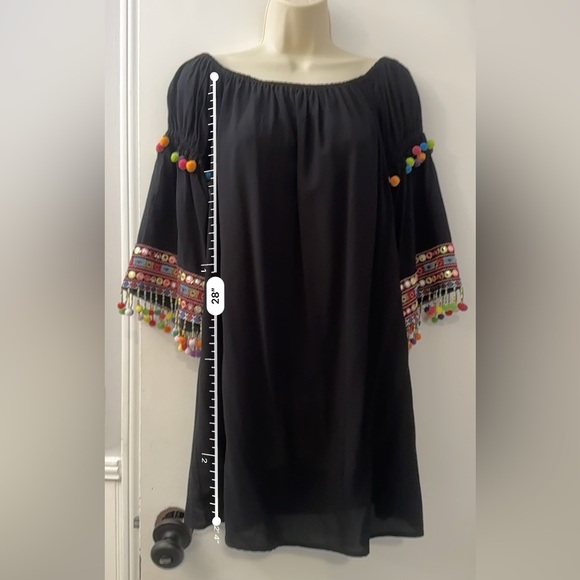Stellah Off-Shoulder Embroidered Pom-Pom Dress/Top Black Boho Festival Chic XS - Picture 5 of 8